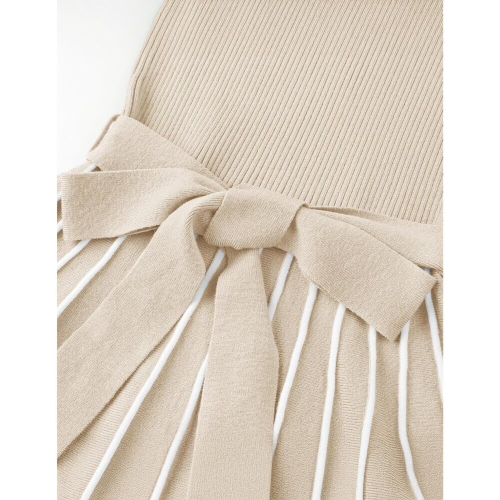 Women's Apricot Tie Waist Casual Loose Ribbed Knit Long Sleeve Sweater Midi Dres - Picture 6 of 6